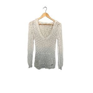 Roxy Crochet Cream V-Neck Pullover Hooded Sweater Size Small